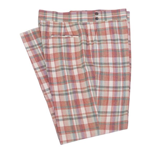 Mens Gurkha Pants 38 Plaid Pink Green Straight Fit Flat Front Chino Trousers
